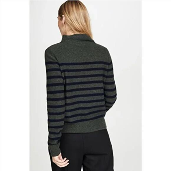 Vince Breton Stripe Turtleneck Cashmere Sweater In Heather Moss/ Coastal - Picture 3 of 12
